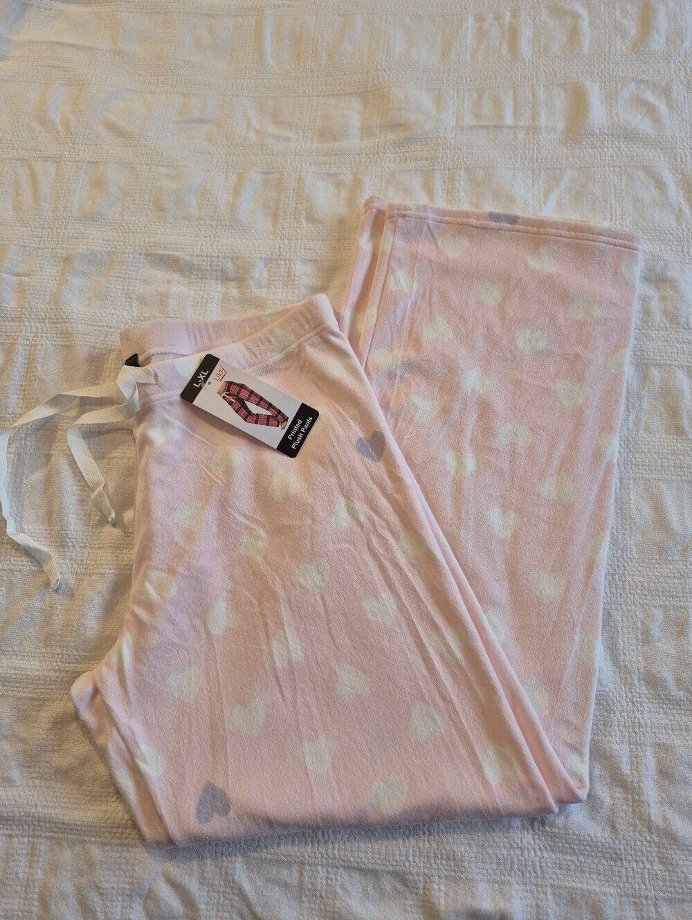 Lildy women's L - XL printed plush pajama lounge pants pink with heart print NWT